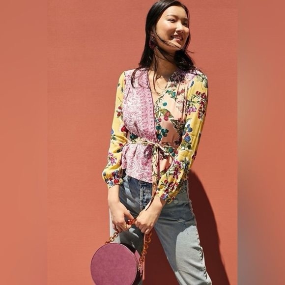 ANTHROPOLOGIE Floral Patchwork Wrap Blouse by MEADOW RUE Size 8 - Picture 1 of 16